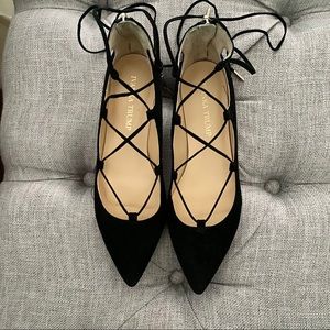 Black Suede Pointy Toe Lace Up Flats